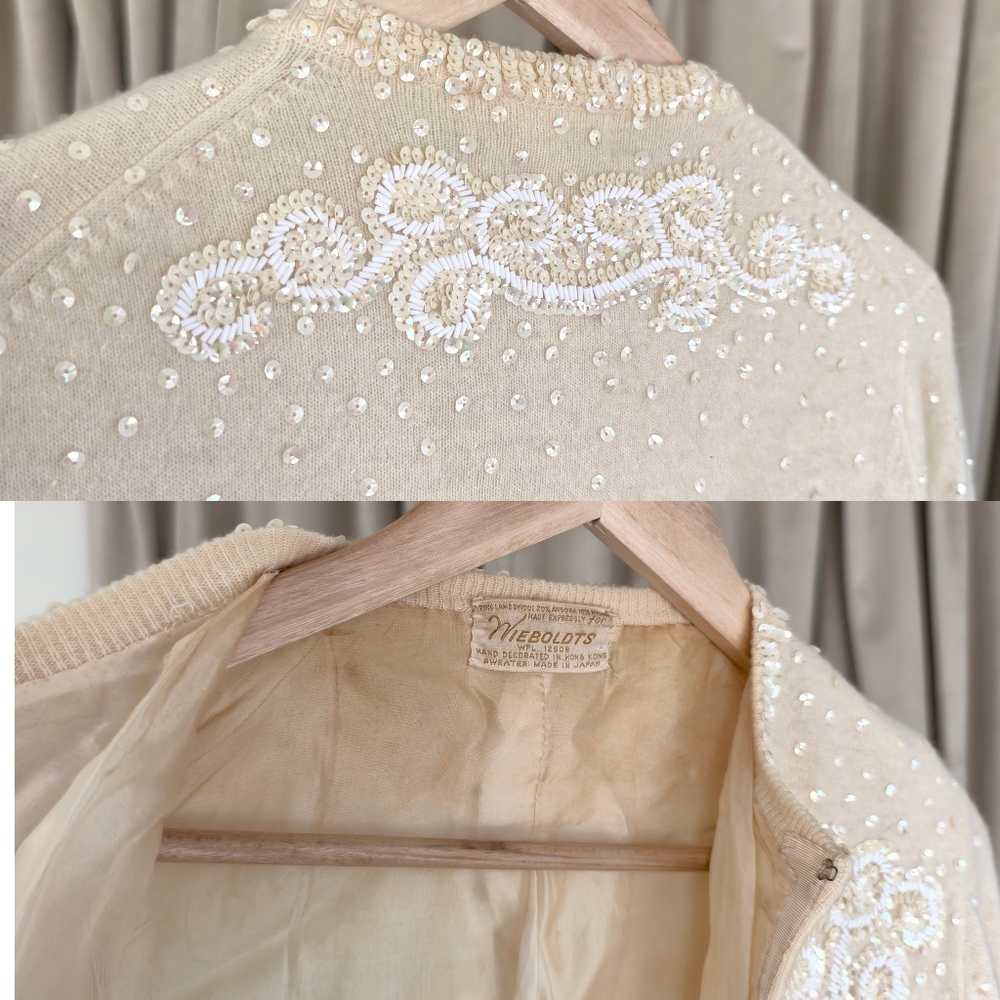 Vintage Wool and Rabbit Hair Cream Cardigan with Sequins Embellishments - Picture 7 of 8